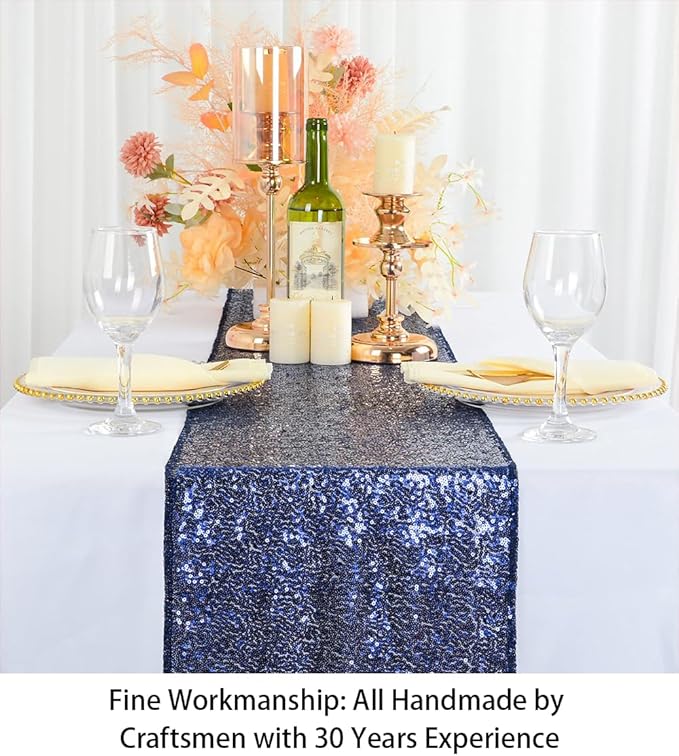 ShinyBeauty Navy Blue Table Runner 12in x 108in Pack of 1 Navy Sequin Table Runner 108 Inches Long Wedding Table Runner Glitter Table Runner for Parties Sequence Table Runners for Dining Room
