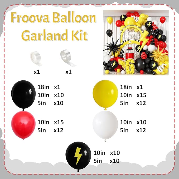 Red Black Yellow Balloon Garland Arch Kit, 117pcs Cartoon Birthday Party Decorations with White Long Balloon Lightning Strike Gold Explosion Star Foil Balloons for Cartoon Ball Baby Shower Party Decor