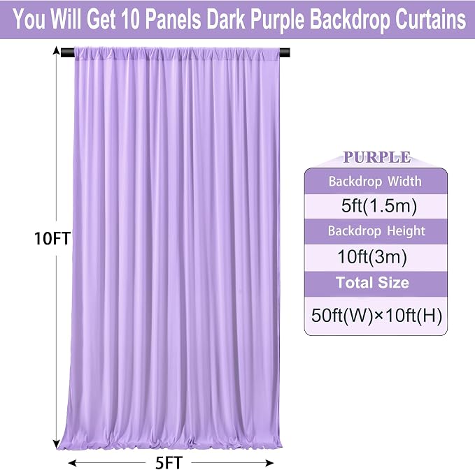 50×10 ft Lavender Wrinkle Free Backdrop Curtain for Wedding Party, 10 Panels 5×10ft Soft Silky Light Purple Lilic Backdrop Drapes for Birthday Parties Baby Shower Photo Photography Backgrounds ﻿