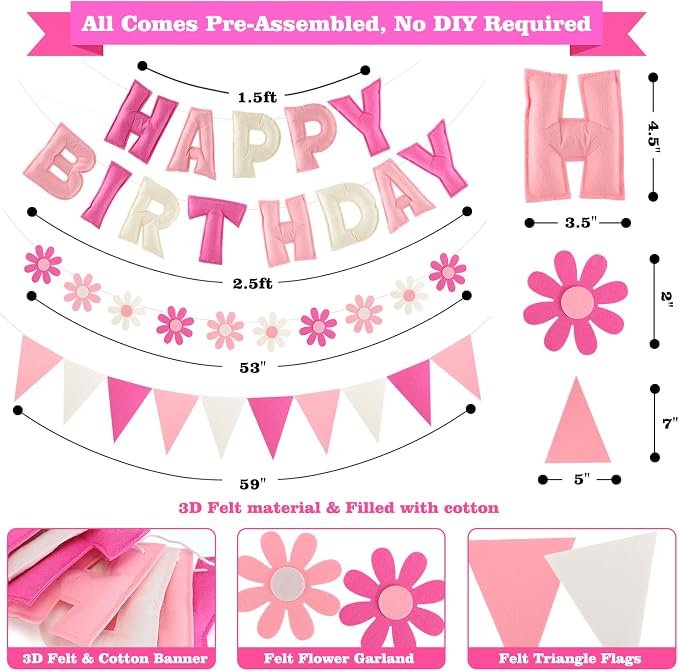 YEOCU Happy Birthday Decorations, No DIY, Pre-Strung 3D Banner | Pink&White, 3D felt banner, flower garland & flags. No DIY, reusable for kids & women.