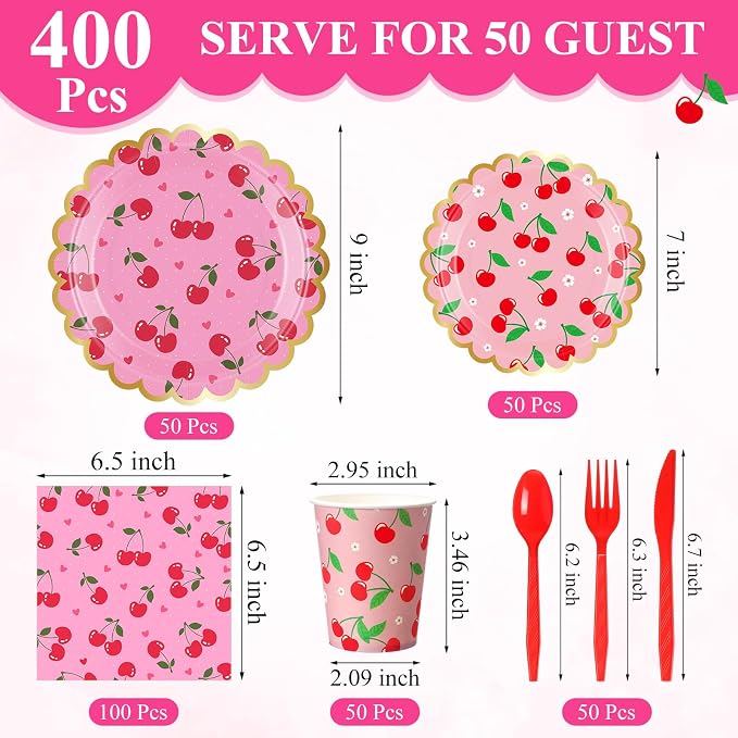 Funnymoom 400 Pcs Cherry Party Supplies for 50 Guest Cute Fruit Birthday Disposable Plates Napkin Cup Spoon Fork Knives for Summer Picnic Wedding Birthday Baby Shower Bridal Party Supplies