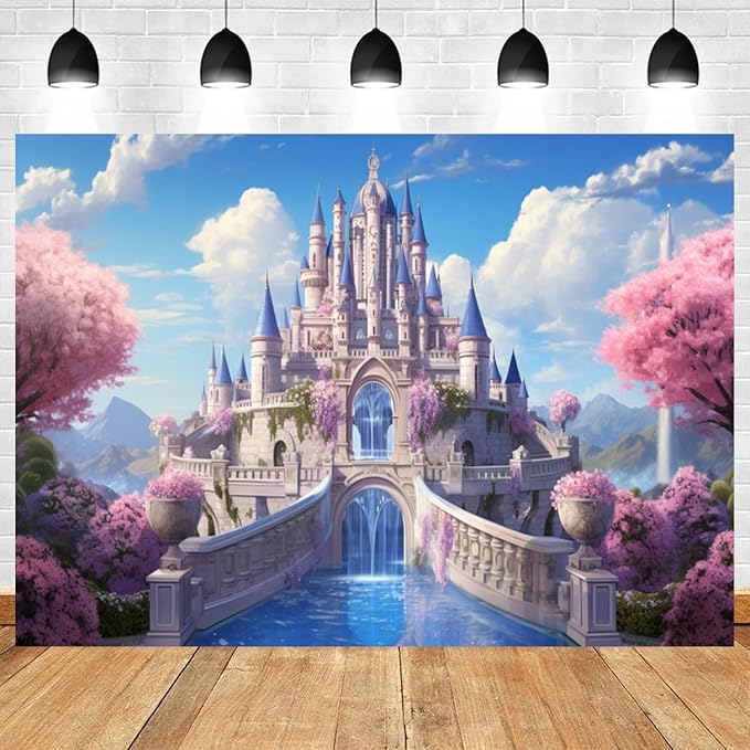 8x6ft Princess Castle Backdrop Pink Floral Blue Sky Photography Background White Cloud Forest Mountain Girls Birthday Baby Shower Banner Decorations Wedding Party Portrait Photo Booth Prop