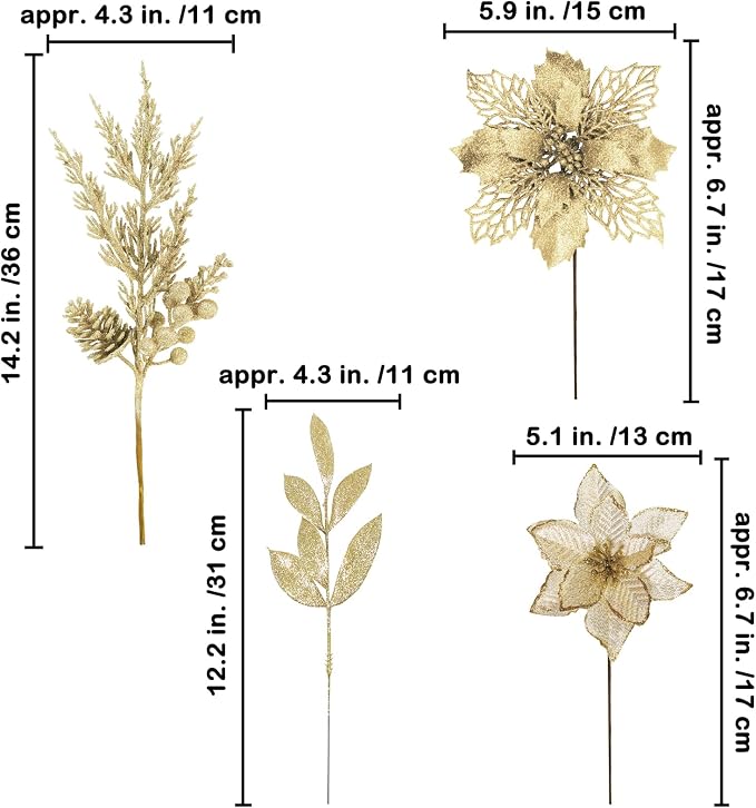 Winlyn 35 Pcs Christmas Artificial Poinsettia Flower Stems and Artificial Leaf Picks Champagne Glitter Christmas Floral Stems for Champagne Christmas Tree Decor DIY Wreath Holiday Floral Arrangement