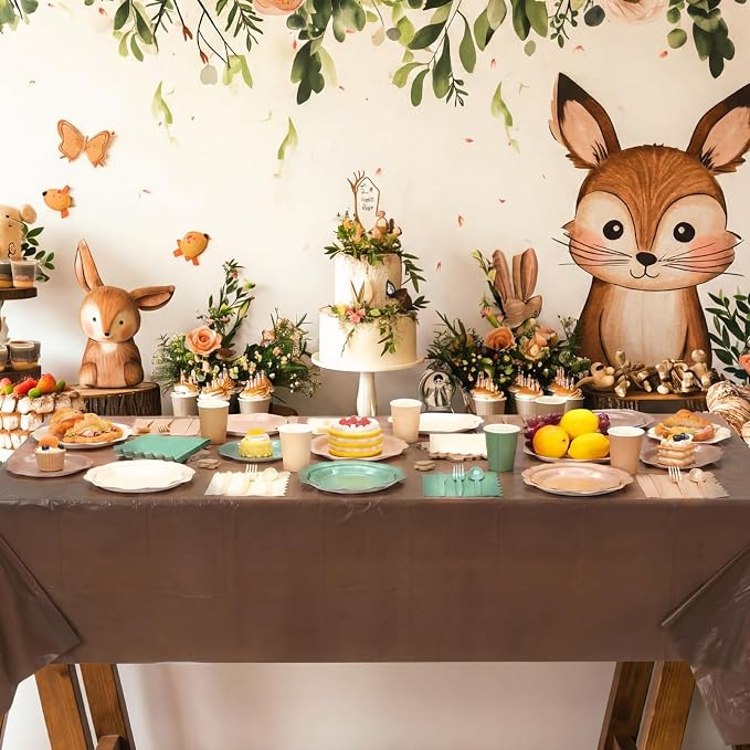 Ceenna 390 Pcs Woodland Baby Shower Decoration for 48 Guests, Sage Green and Brown Paper Plates Napkins Cups Tablecloth Cutlery Forest Tableware Utensil for Safari Jungle Neutral Camo Birthday Wedding