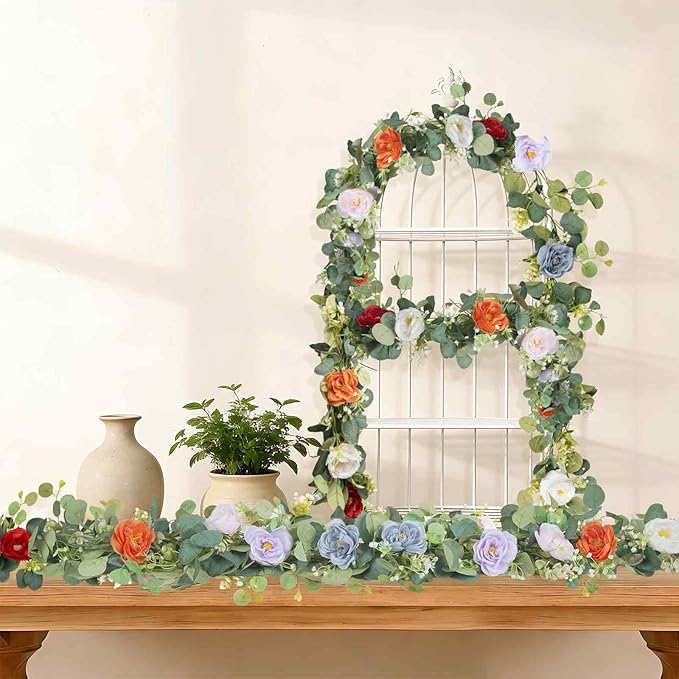 2Pcs(10FT) Artificial Eucalyptus Garlands with Rose Flowers, Faux Floral Greenery Garland Fake Flower Vines for Valentine's Day Wedding Table Arch Party Anniversary Backdrop Decor (Colorful)