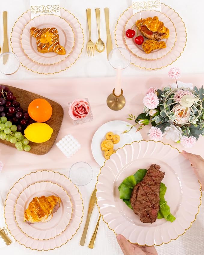 YOUBET 175PCS Pink Scalloped Plastic Plates - Gold Disposable Dinnerware Set Include 50 Plates, 75 Gold Silverware, 25 Cups, 25 Napkins for Party & Wedding & Baby Shower Mothers Day