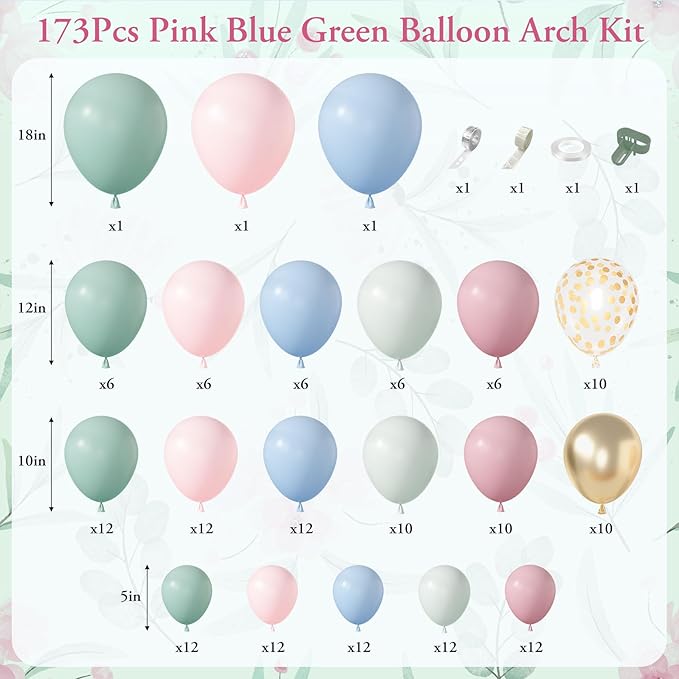 Amandir 173Pcs Pink Blue Green Balloon Arch Garland Kit, Dusty Baby Pink Mauve Pastel Mist Haze Green Blue Gold Confetti Balloons for Easter Shower Gender Reveal Wildflower Birthday Party Decorations