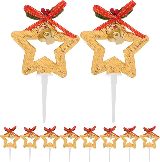 LOGOFUN 50PCS Christmas Star Cake Toppers Gold Star Cake Picks Plastic Xmas Cupcake Top with Bowknot for Birthday Wedding Party Supplies