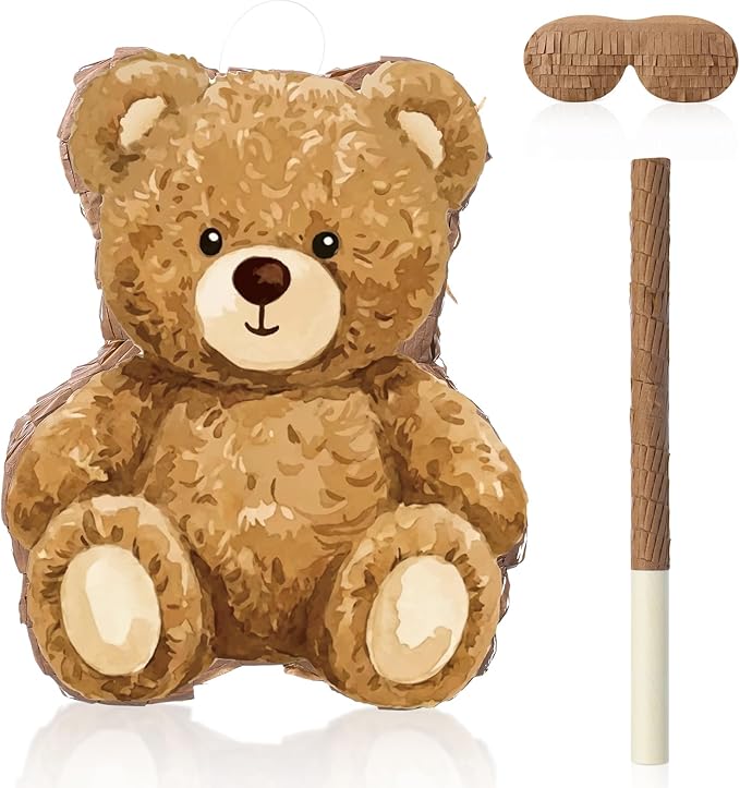 VioraWhite Bear Piñata Birthday Party Decorations Animal Birthday Party Supplies Brown Piñata with Blindfold Stick for Boys Girls Kids Valentine Baby Shower Decor Supplies Favors