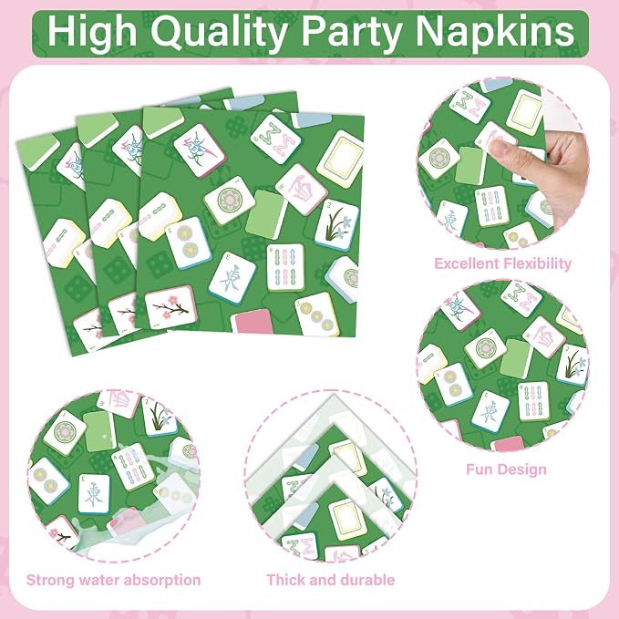 96pcs Mahjong Party Decorations Mahjong-Themed Paper Tableware Set Pink And Green Plates Napkins Forks Dinnerware for Home Special Events Game Night Party Supplies Birthday Serves 24 Guests