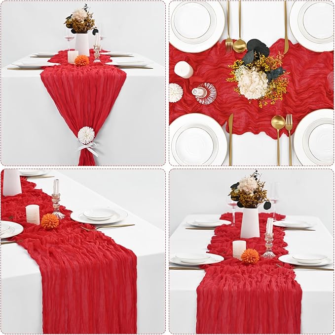 10 Pcs Red Cheesecloth Table Runner 10FT, Gauze Table Runner for Wedding Reception Sheer Bridal Shower Birthday Party Boho Table Decoration, Rustic Romantic Wedding Runner