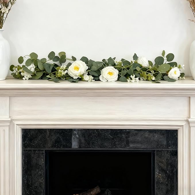 4-Pack Artificial Eucalyptus Garland with Flowers, Total 23.6FT 24 White Roses Baby's Breath Garland Floral Greenery for Wedding Party Centerpiece Table Runner Backdrop Wall Decor
