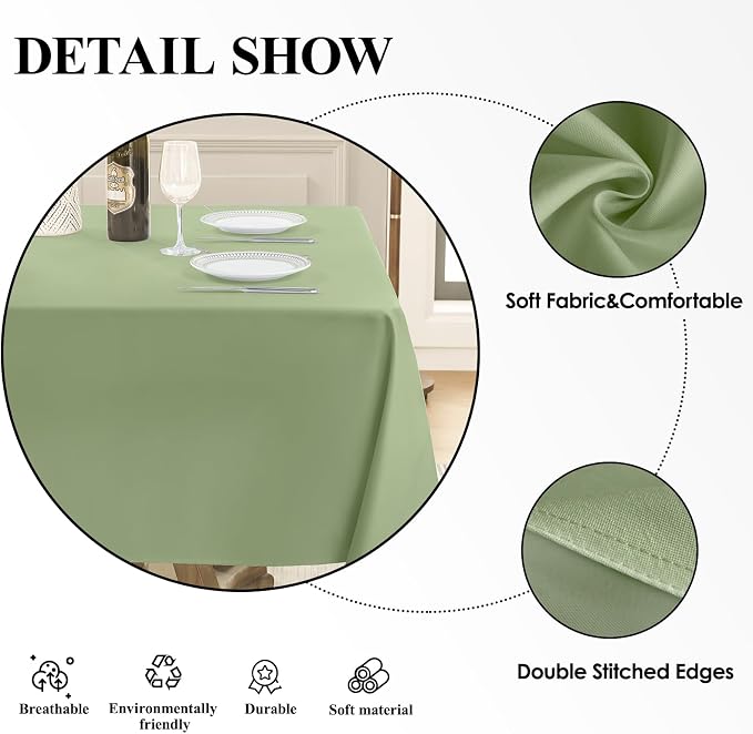 Square Tablecloth 52 x 52 Inch Sage Green Tablecloths Stain-Wrinkle Resistant Washable Polyester Table Cloths for Holiday, Buffet Parties, and Weddinge 2pack