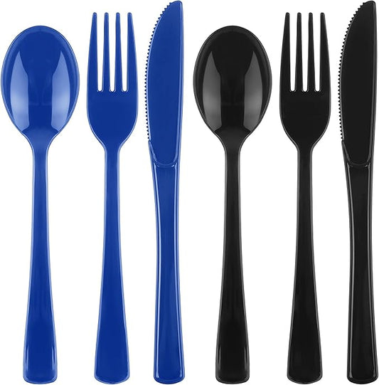 Kochorie 300Pcs Black & Blue Graduation Disposable Plastic Silverware, Heavy Duty Cutlery Set, Premium Flatware Include Forks Knives Spoons for Graduation Party Supplies & Congrats Grad Events