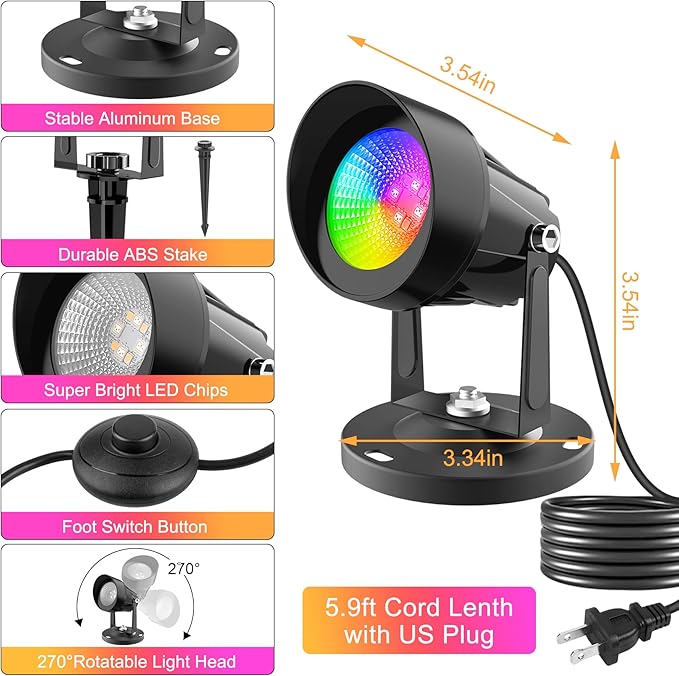 T-SUN Smart RGBW Spotlights, Indoor Uplights, Spotlights with App & Remote, Music Sync, 16M Colors, Timer, Dimmable, Waterproof Floor Spotlight for Plants Home Party Stage Decor, Set of 4