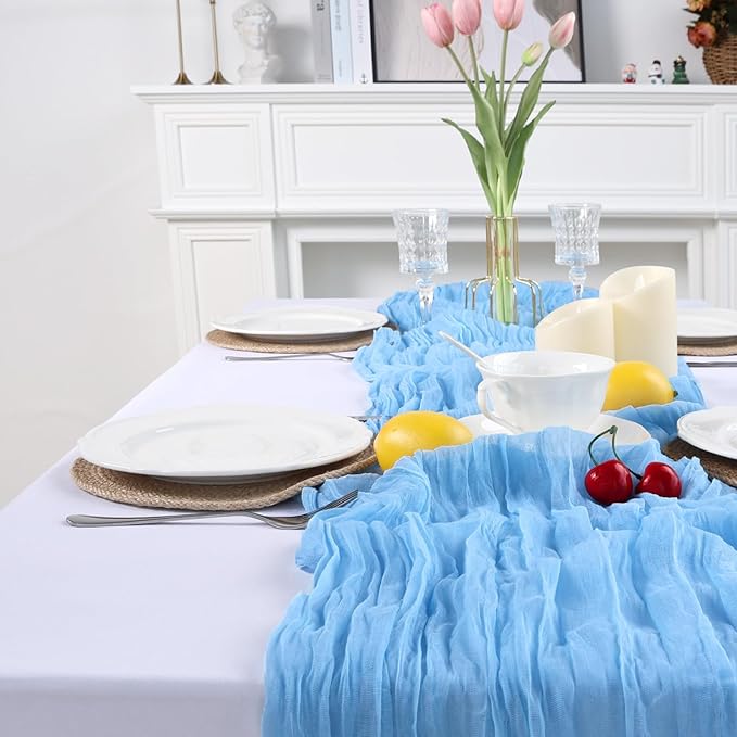 16 Pack Baby Blue Cheesecloth Table Runner 10ft Boho Gauze Fabric 120 Inch Cheese Cloth Table Runner Rustic Sheer for Holiday Baby Shower Party Décor Home Wedding Decoration