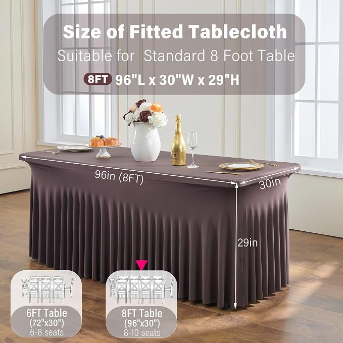 6 Pack Brown Spandex Table Clothes for 8 Foot Rectangle Tables, Wrinkle Free Fitted Table Cover 8ft Stretch Tablecloths Desk Skirt for Parties Weddings Birthday Banquet Baby Shower