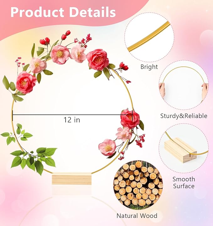 12 Inch 15 Sets Metal Floral Hoop Centerpiece with Wood Stands and LED Fairy Lights, Gold Metal Rings for Christmas Party Dream Catcher Wedding Table Wreath Decor, Wall Hanging Wreaths