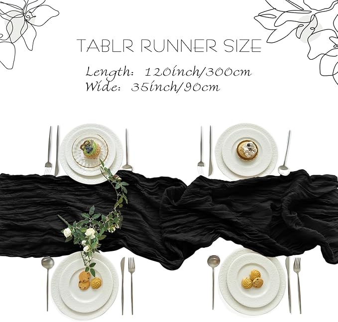 IVAPUPU 6 Pcs Cheesecloth Table Runner - 10ft Black Spring Boho Gauze Black Cheese Cloth Table Runners for Indoor Baby Shower Decorations Wedding Party Garden Decor