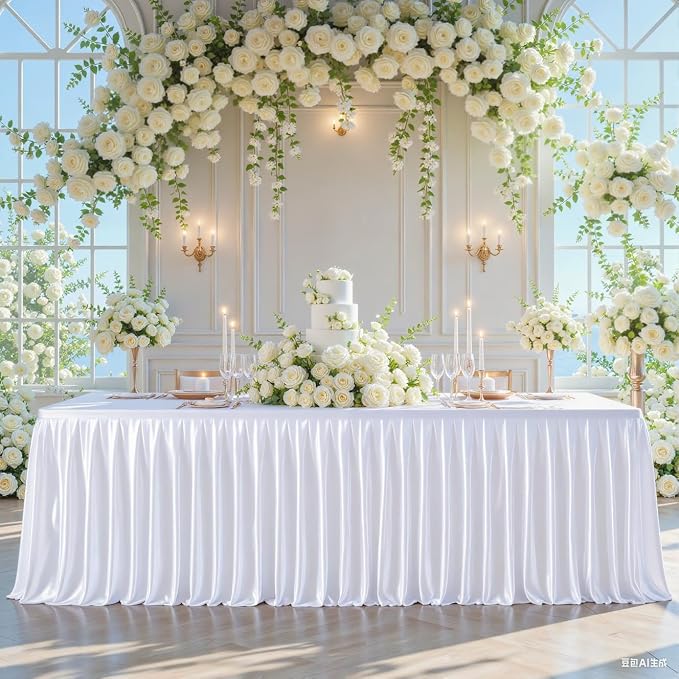 Wish Care 8 Pack Satin Table Cover Skirts for 6ft Rectangular Tables, White Shimmer Silk Tablecloth with Floor Length Ruffle for Wedding Banquet Party Buffet Decoration