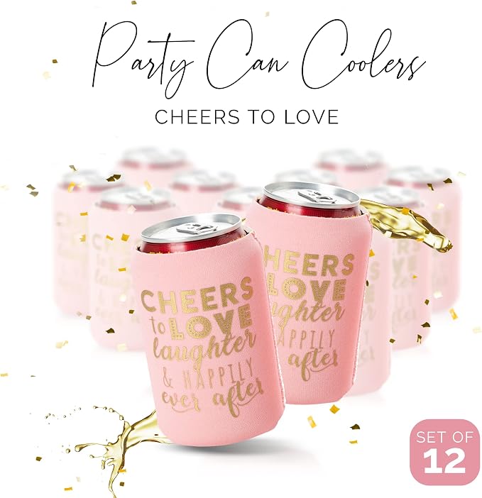 Wedding Can Cooler Decorations Set of 12 - Cheers to Love Laughter and Happily Ever After, Wedding Rehearsal Dinner Decorations - Bridal Showers, Engagement Party Favors for Guests and Supplies