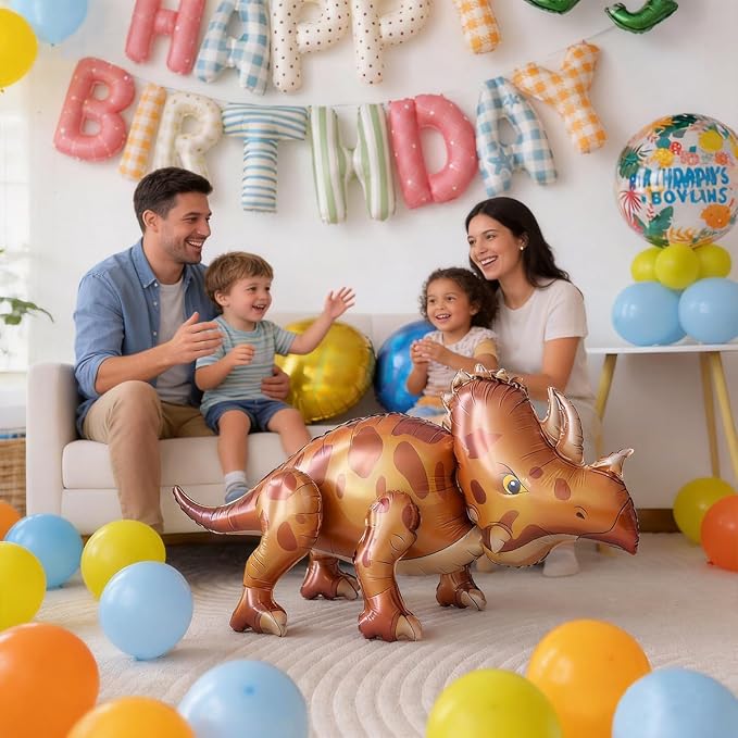 60 PCS Dinosaur Happy Birthday Foil Balloon Decoration Kit, T-Rex, Triceratops, Ankylosaurus Assembleable Inflatable Standing Mylar Balloons with Birthday Banner for Kids Boys Party Decor