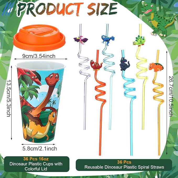 Maxcheck 36 Sets 16 oz Dinosaur Party Favors Goodie Cups with Colorful Lids and Straws for Birthday Decorations Reusable Plastic Candy Cups Bulk Plastic Straws for Birthday Party Celebration Gifts