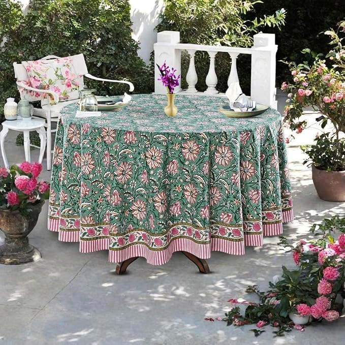 Ridhi Round Tablecloth Hand Block Print 100% Cotton Reusable Virdian Green 110 Inch Table Cover Decorative Everyday Use for Dining, Home, Party, Wedding, Farmhouse, Party Gift for Spring, Mother's Day