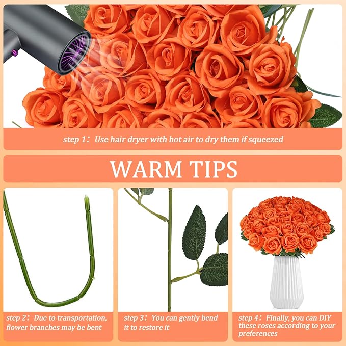 90pcs Roses Artificial Flowers Silk Orange Artificial Flowers Petals Long Stem Roses for Wedding Bouquet Home Party Decor