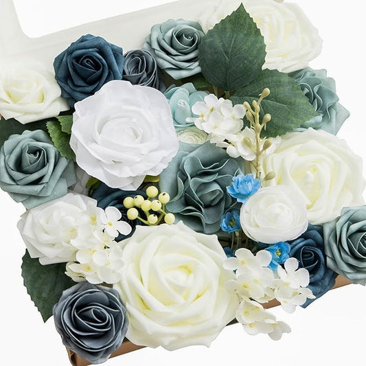 Ling's moment Fake Flowers Box, Faux Artificial Greenery Stems Foam Roses Gardenia Silk Hydrangea Ranunculus Fabic Flower for Centerpieces Bouquet Wedding Vase, Dusty Blue & Ivory, Grand Combo