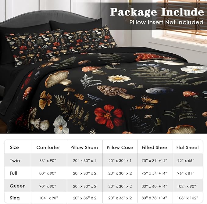 Pamnest Comforter Set Twin Size, Mushroom Fern 5 Pcs Bedding for Kids and Adults, Woodland Plants Botanical Bed Sheet Sets with Fitted Sheet Pillowcases & Shams for Bedroom Bed Decor