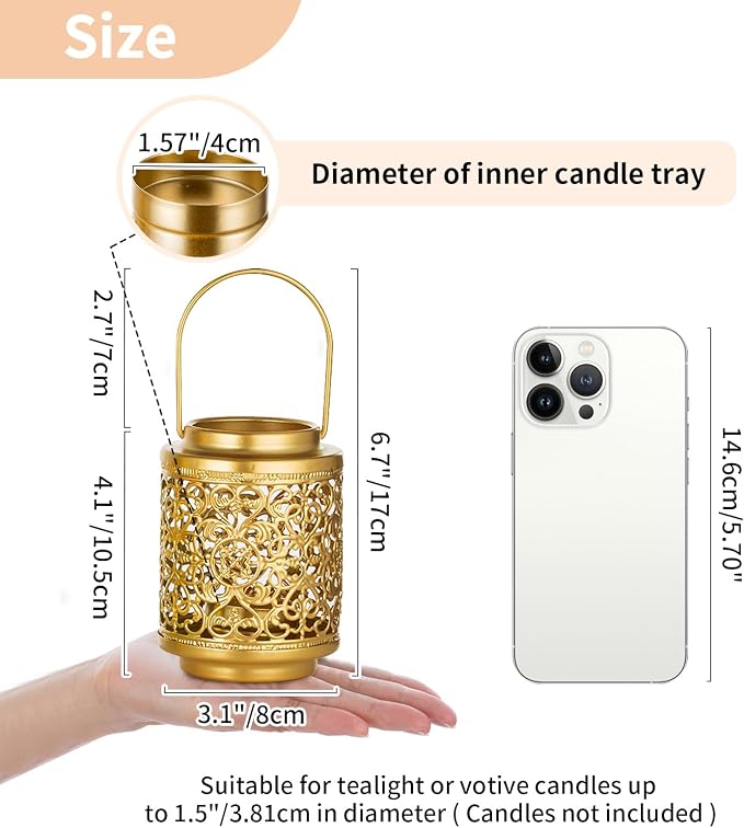 NUPTIO Gold Candle Lanterns Decorative: 6 Pcs Hanging Metal Tealight Candles Holder 4.1inch Brass Mini Tea Light Lantern Centerpiece for Weddings Bridal Shower Anniversary Table Decor (Style 3)