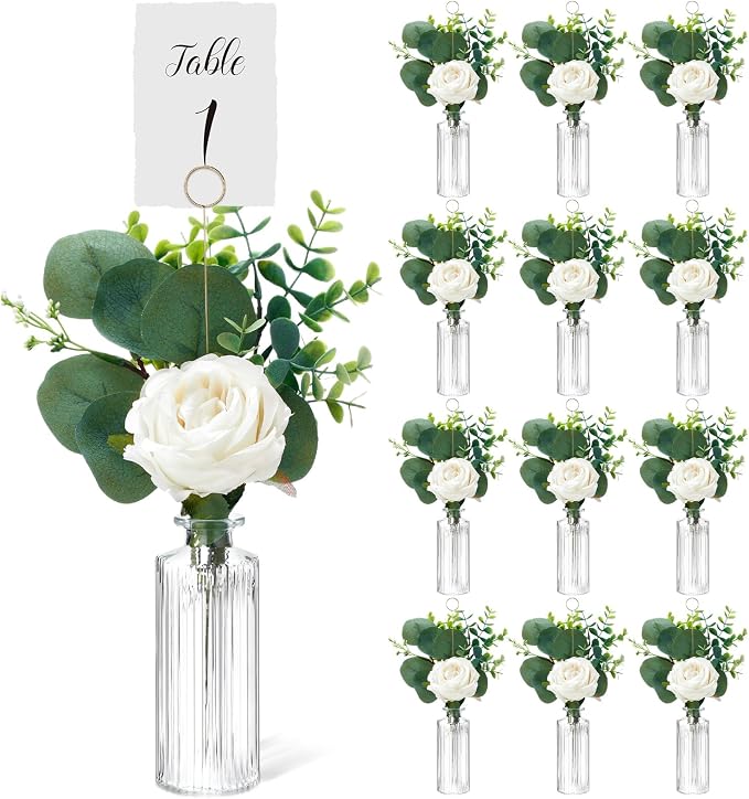 Threehoney 12 Set Artificial Flowers with Vases and Table Number Holder 12 Glass Bud Vases 48 Fake Plants and 12 Card Holder Picks Flower Table Centerpieces DIY for Wedding Home Dining Party Decor