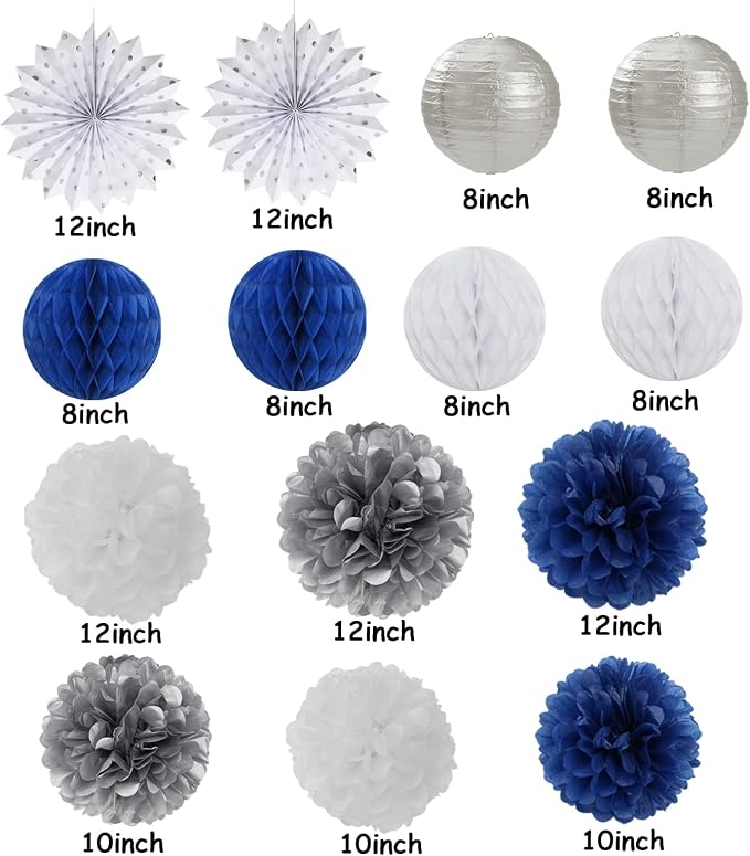 Navy-Blue White Silver Party Decorations - 14pcs Kits Paper Lanterns Fan,Tissue Flower Pom Poms Streamers,Honeycomb Balls,Graduation 2026 Men Birthday Wedding Baby Bridal Shower Decor Lasting Surprise