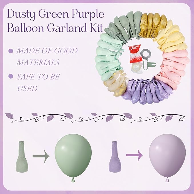 Amandir 173Pcs Dusty Green Purple Pink Balloon Arch Garland Kit, Lavender Pastel Blush Pink Yellow Mist Green Gold Confetti Balloons for Easter Shower Wedding Tea Wildflower Birthday Party Decorations
