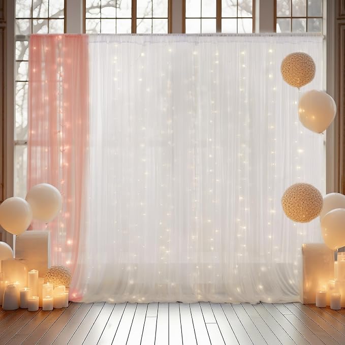 30x10ft White Tulle Backdrop Curtain with Lights String for Parites, Sheer Photo Backdrop Curtains with Lights for Wedding Backdrop Ceremony Reception Bridal Shower Baby Shower Birthday Party