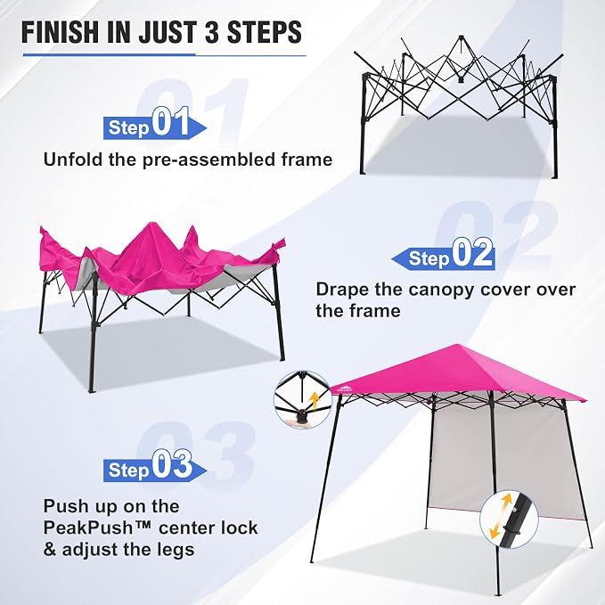 EAGLE PEAK 8x8 Pop Up Canopy Tent with Extended Eaves & Sidewall, Compact, Portable, Easy Setup Slant Leg Instant Shelter for Beach, Sports, & Camping, 8x8 Base 7x7 Top, Pink