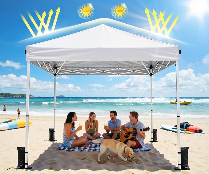 10x10 Pop Up Canopy Tent, Shade Canopy with Carry Bag, Center Lock One Push, 3 Adjustable Height, Outdoor Canopy Tents for Parties, Events & Camping - White