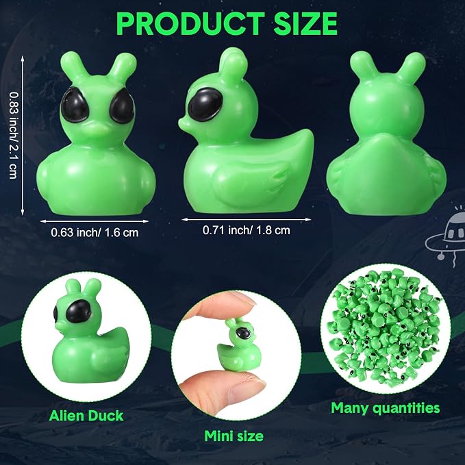 VioraWhite 100 Pcs Resin Mini Alien Duck Figures Bulk Tiny Alien Duck Figurine to Hide and Seek Green UFO Sci-fi Space Party Gifts for Miniature Landscape Space Birthday Party Goodie Bags Fillers