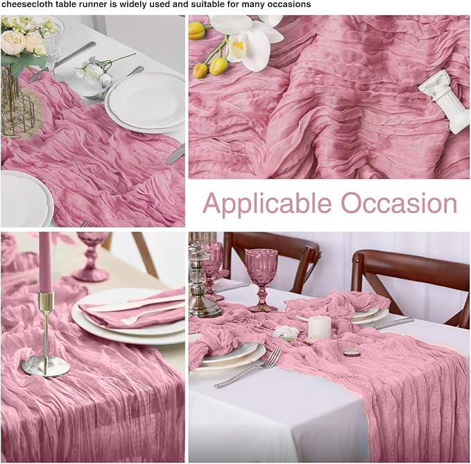 6 Pack Dusty Rose Cheesecloth Table Runner 21x120 Inch Boho Wrinkled Sheer Romantic Gauze Decor for Wedding, Bridal Shower, Birthday Party