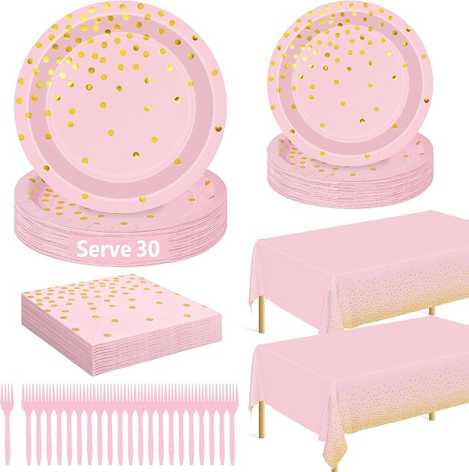 122 Pcs Pink Plates and Napkins Party Supplies, Birthday Decorations for Women Serves 30, Girl Baby Shower Decorations with Wedding Paper Plates, Golden Pink Party Supplies with Fork and Tablecloth