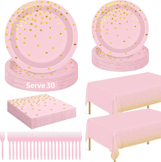 122 Pcs Pink Plates and Napkins Party Supplies, Birthday Decorations for Women Serves 30, Girl Baby Shower Decorations with Wedding Paper Plates, Golden Pink Party Supplies with Fork and Tablecloth