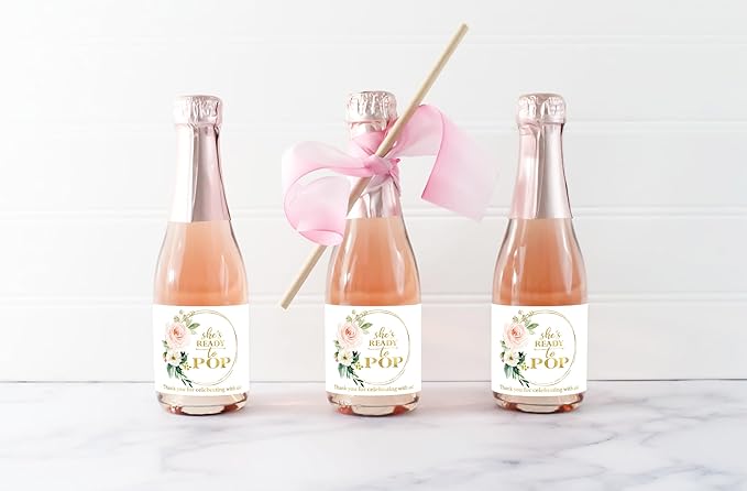 She’s Ready To POP ● SET of 18 ● Blush Rose Baby Shower Mini Champagne Labels, Thank You for Celebrating with us Faux Gold Mini Champagne Labels POP When You Get the News Favors WATERPROOF M625-POP-18