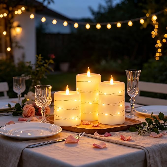 Da by 3 Pack Ivory Real Wax Flameless Taper Candles, Lifelike Flickering LED Flame Candles with Surrounding Fairy String Lights, Soft Warm Battery Candles with Remote for Home Wedding Holiday Decor