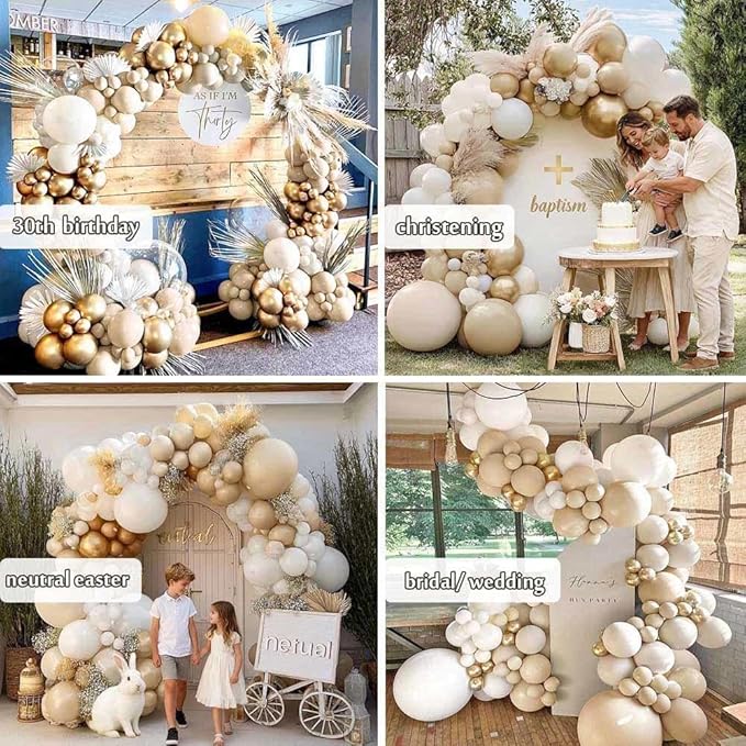 White Sand Gold Balloon Arch - Double Stuffed Matte Cream Nude Beige White Pastel Neutral Balloon Garland Kit for Boho Baby Shower Birthday Gender Reveal Bridal Wedding Valentines Easter Party