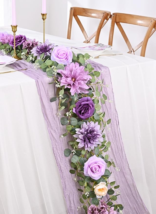 Waipfaru 8.85Ft Flower Garland, Eucalyptus Greenery Garland with Flowers, Rose Floral Vines for Wedding Table Runner Spring Summer Backdrop Decor (Purple)