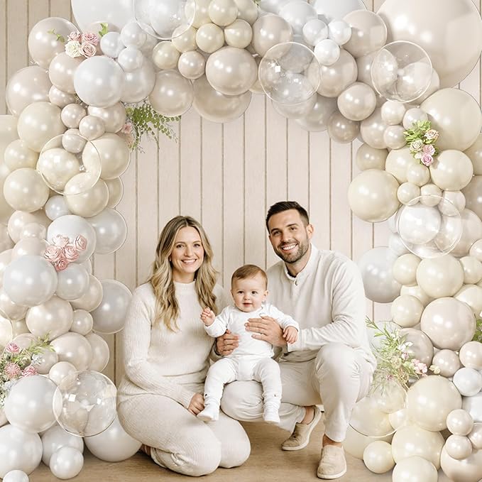 Amandir 173 Pcs Pearl White Balloon Arch Garland Kit, Double-Stuffed Pearl Ivory White Sand Clear Baptism Balloons for Wedding Bridal Shower Engagement First Communion Birthday Party Decorations