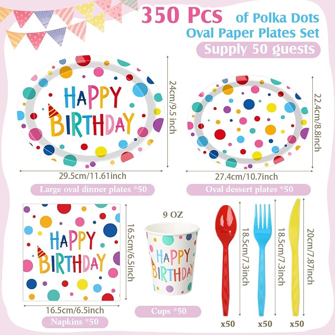 Pajean 350 Pcs Happy Birthday Party Supplies Oval Paper Plates Set with 12 inch Disposable Birthday Oval Plates and Napkins Colorful Dots Design Heavy Duty Paper Dinnerware Set for 50 Guests