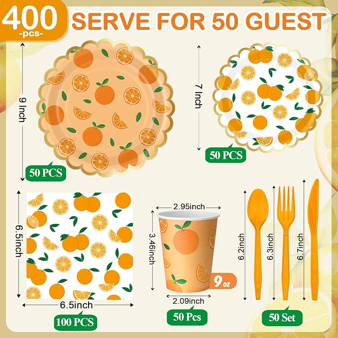Funnymoom 400 Pcs Orange Party Supplies for 50 Guest Cutie Is on The Way Disposable Plates Napkin Cup Spoon Fork Knives for Tangerine Summer Outdoor Picnic Birthday Baby Shower Party Supplies