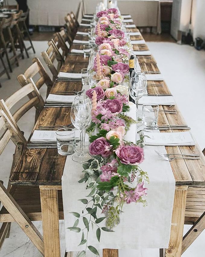DearHouse 2Pack Artificial Peony Flower Garland - 6ft/Strand Silk Peony Garland with Pink Flowers for Wedding Party Table Decoration,Deep Ruby